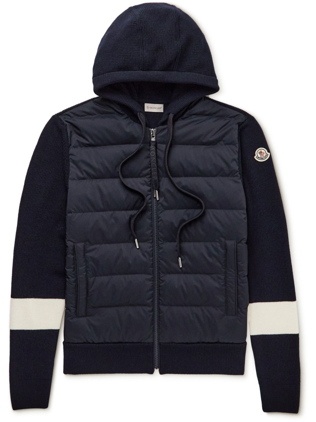 Photo: Moncler - Logo-Appliquéd Striped Wool and Quilted Shell Down Hooded Zip-Up Cardigan - Blue