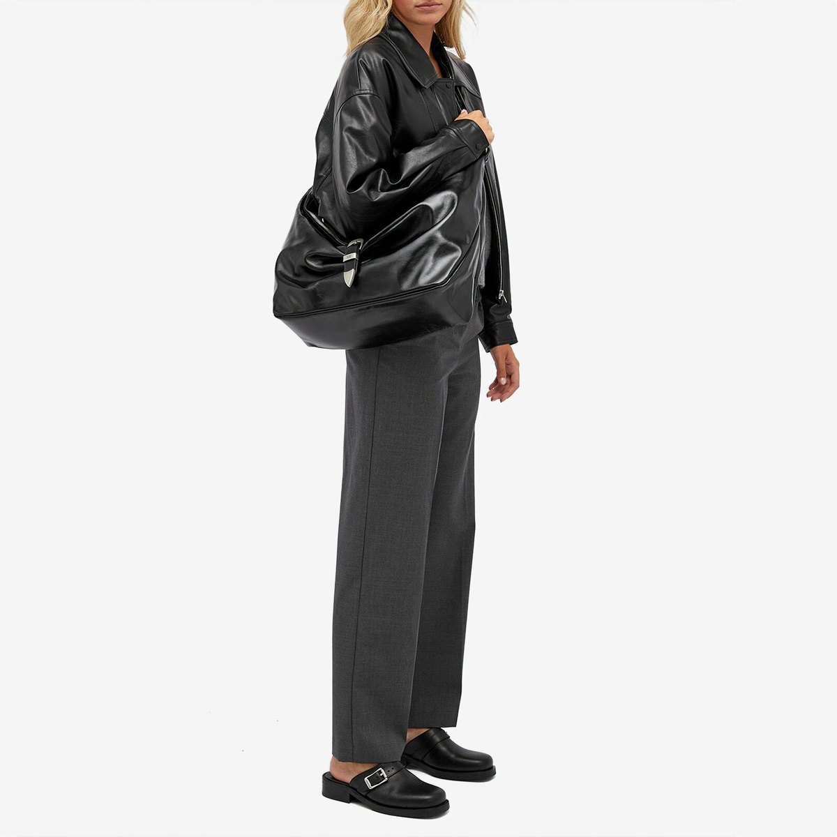 MARGE SHERWOOD Women's Belted Hobo Shoulder Bag - Large in Black Glossy Plain 