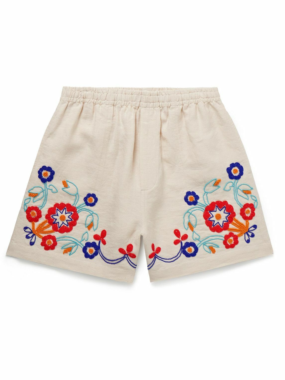 BODE - Garden Party Straight-Leg Bead-Embellished Linen Shorts - Neutrals