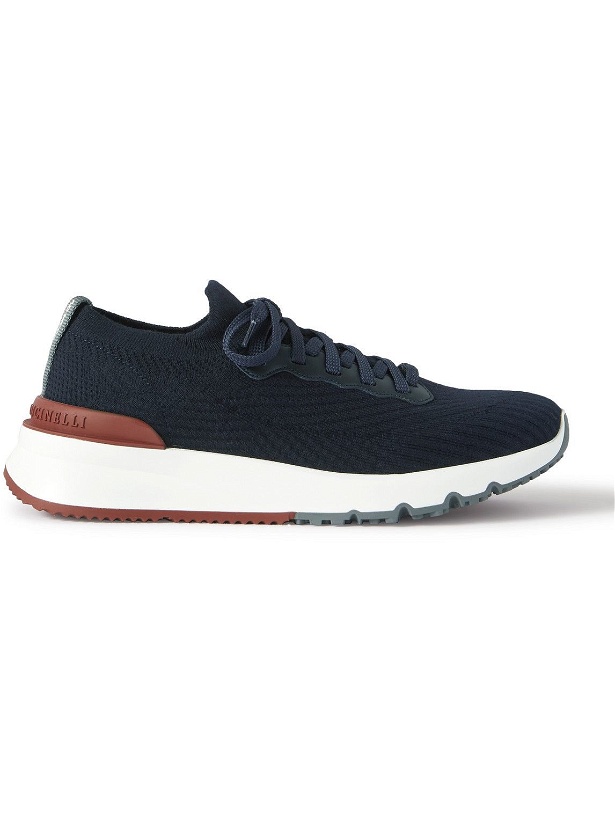 Photo: Brunello Cucinelli - Leather-Trimmed Stretch-Knit Sneakers - Blue