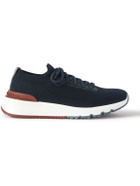 Brunello Cucinelli - Leather-Trimmed Stretch-Knit Sneakers - Blue