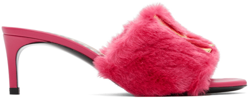 Moschino Girls Faux Fur Logo Slippers in Black