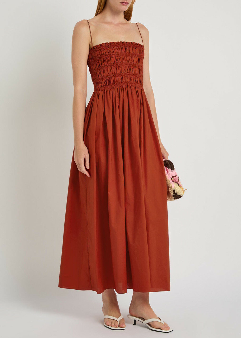 Matteau Shirred Cotton-poplin Midi Dress Red