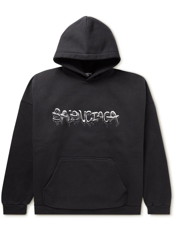 Photo: Balenciaga - Logo-Print Cotton-Blend Jersey Hoodie - Black