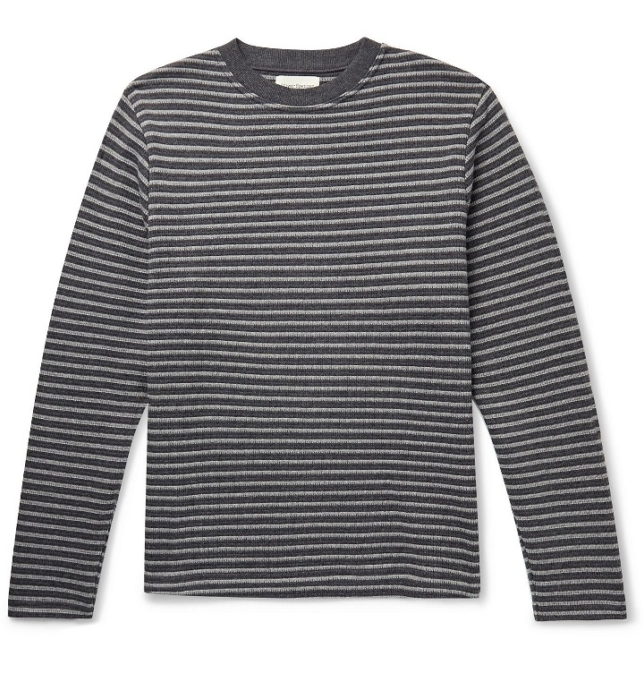 Photo: OLIVER SPENCER - Striped Waffle-Knit Organic Cotton-Jersey Sweater - Gray