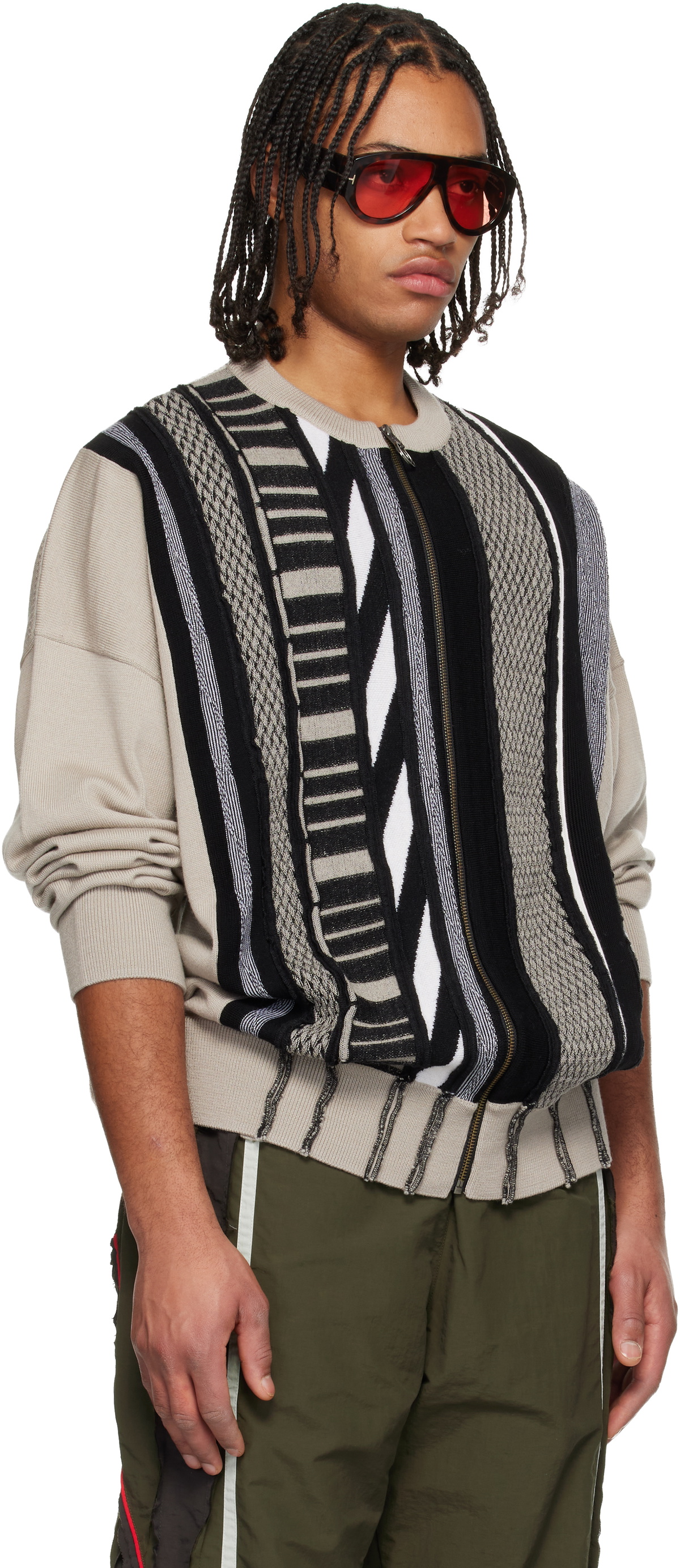 Martine Rose Beige & Black Multi Stripe Zip Up Crew Sweater