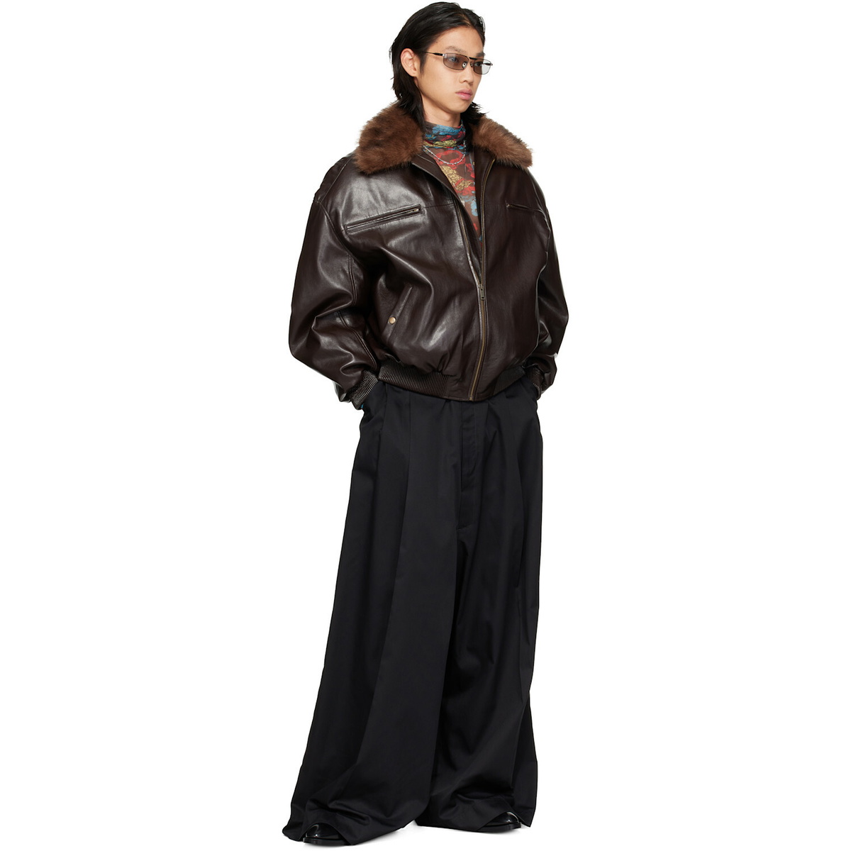 LU'U DAN Brown Faux-Leather Cargo Flight Jacket