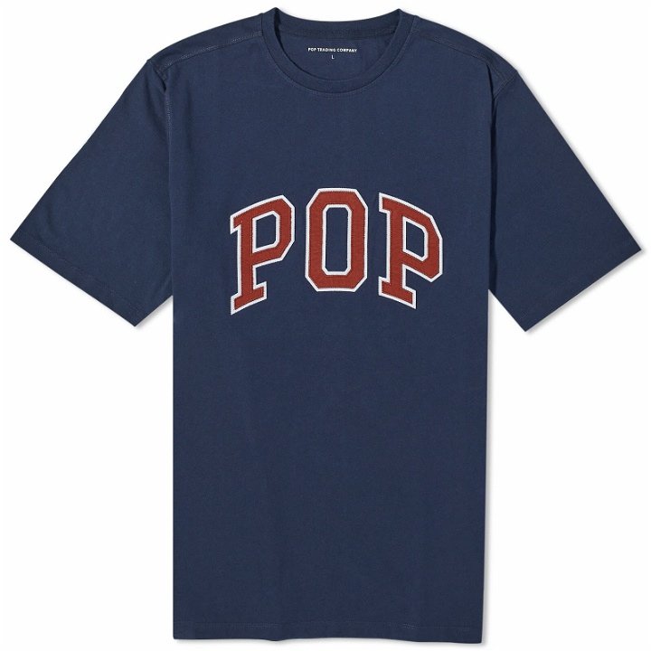 Photo: Pop Trading Company Men's Arch Logo T-Shirt in Navy/Fired Brick