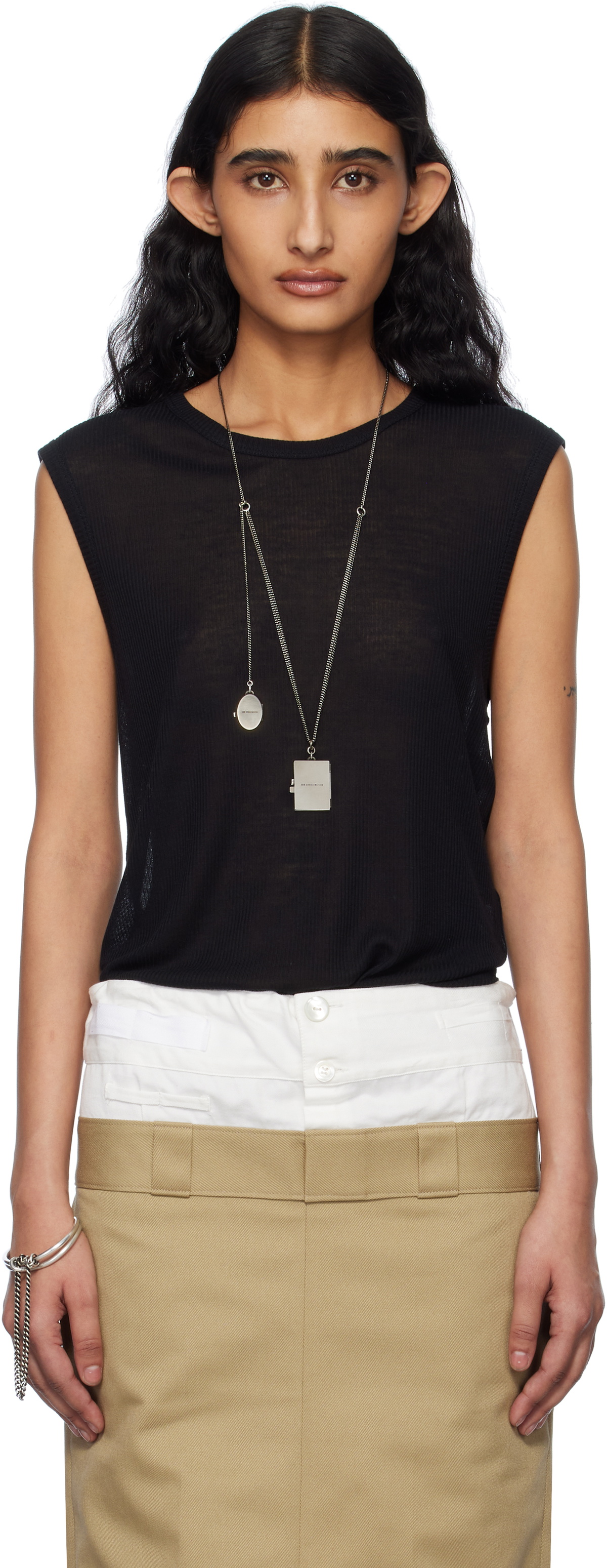 訳あり　Ann Demeulemeester ブラックタンクトップ Ann Demeulemeester Double Ribbed Hems Tank Top (Aura Black) in