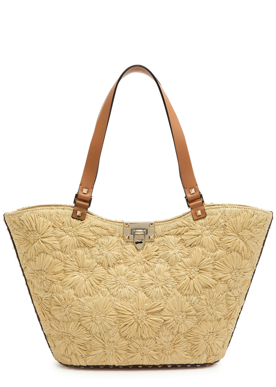 トートバッグ VALENTINO GARAVANI Embroidered Raffia Mini Rockstud Handbag Valentino Garavani Raffia Mini Rockstud Tote Bag in Naturale