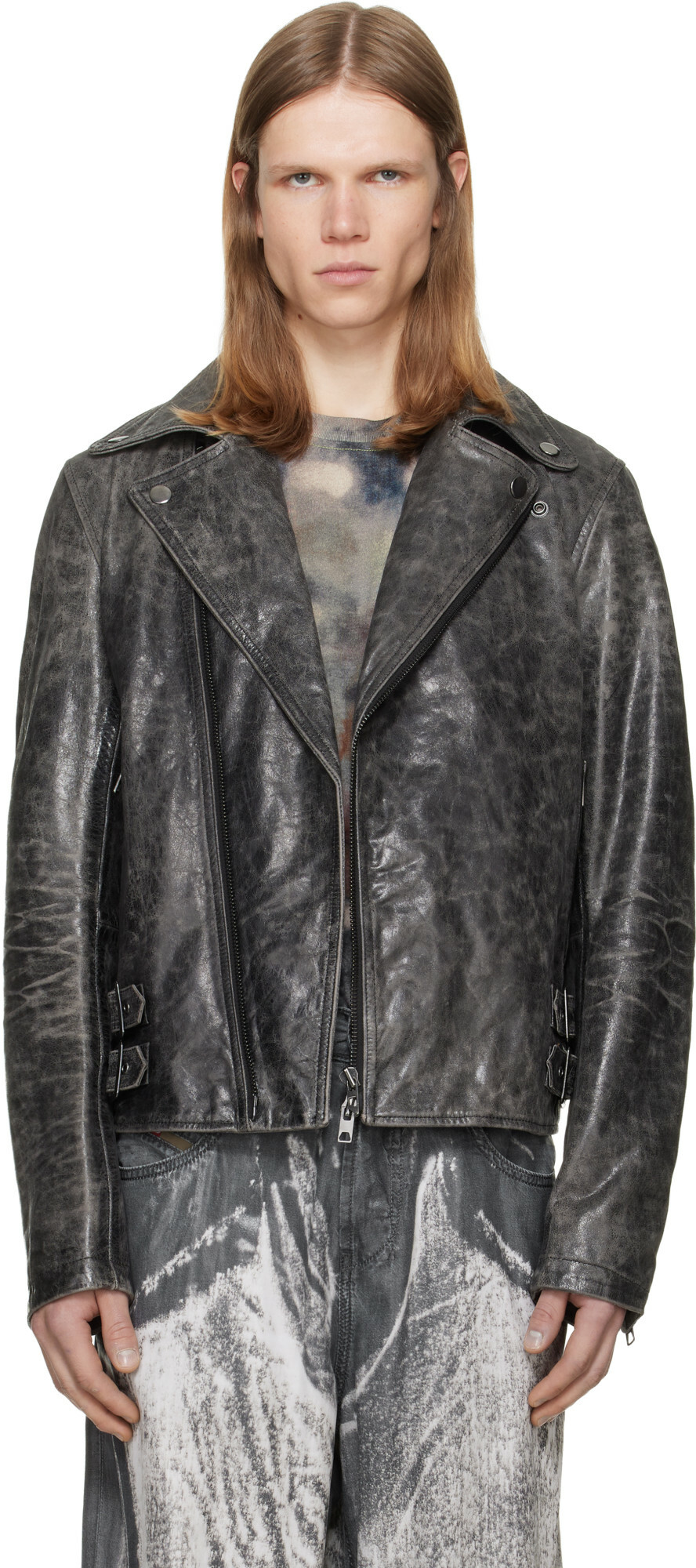 Diesel Gray Treated Leather Biker Jacket