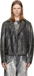 Diesel Gray Treated Leather Biker Jacket