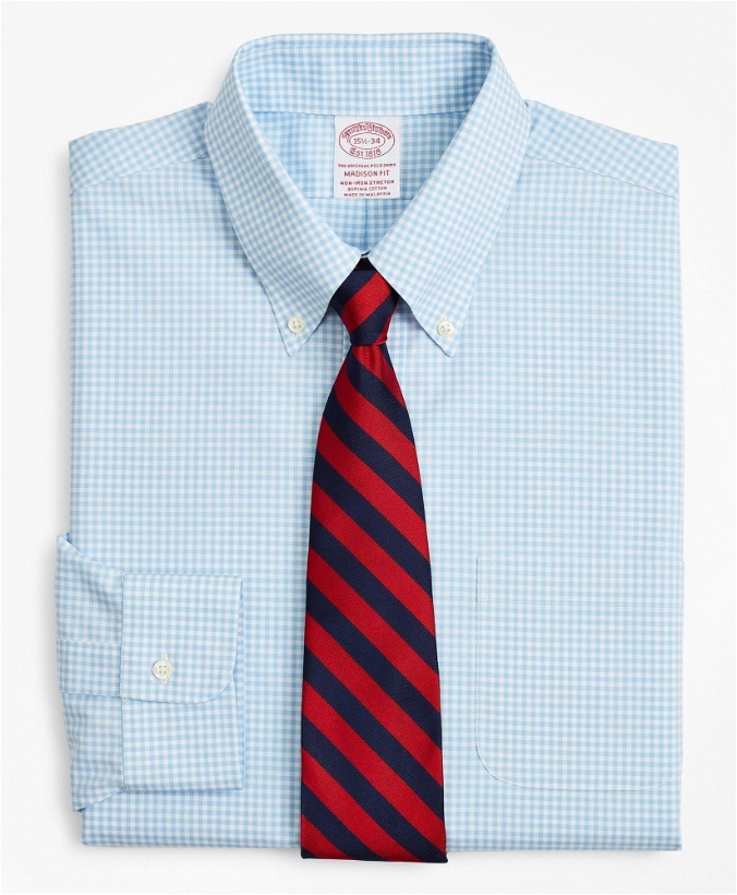 Photo: Brooks Brothers Men's Stretch Madison Relaxed-Fit Dress Shirt, Non-Iron Poplin Button-Down Collar Gingham | Light Blue