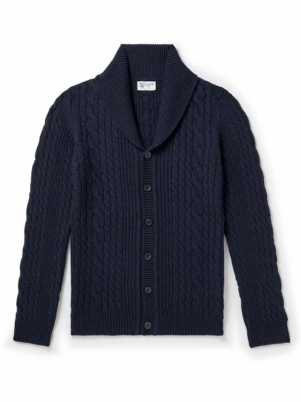 Photo: Johnstons of Elgin - Shawl-Collar Cable-Knit Cashmere Cardigan - Blue