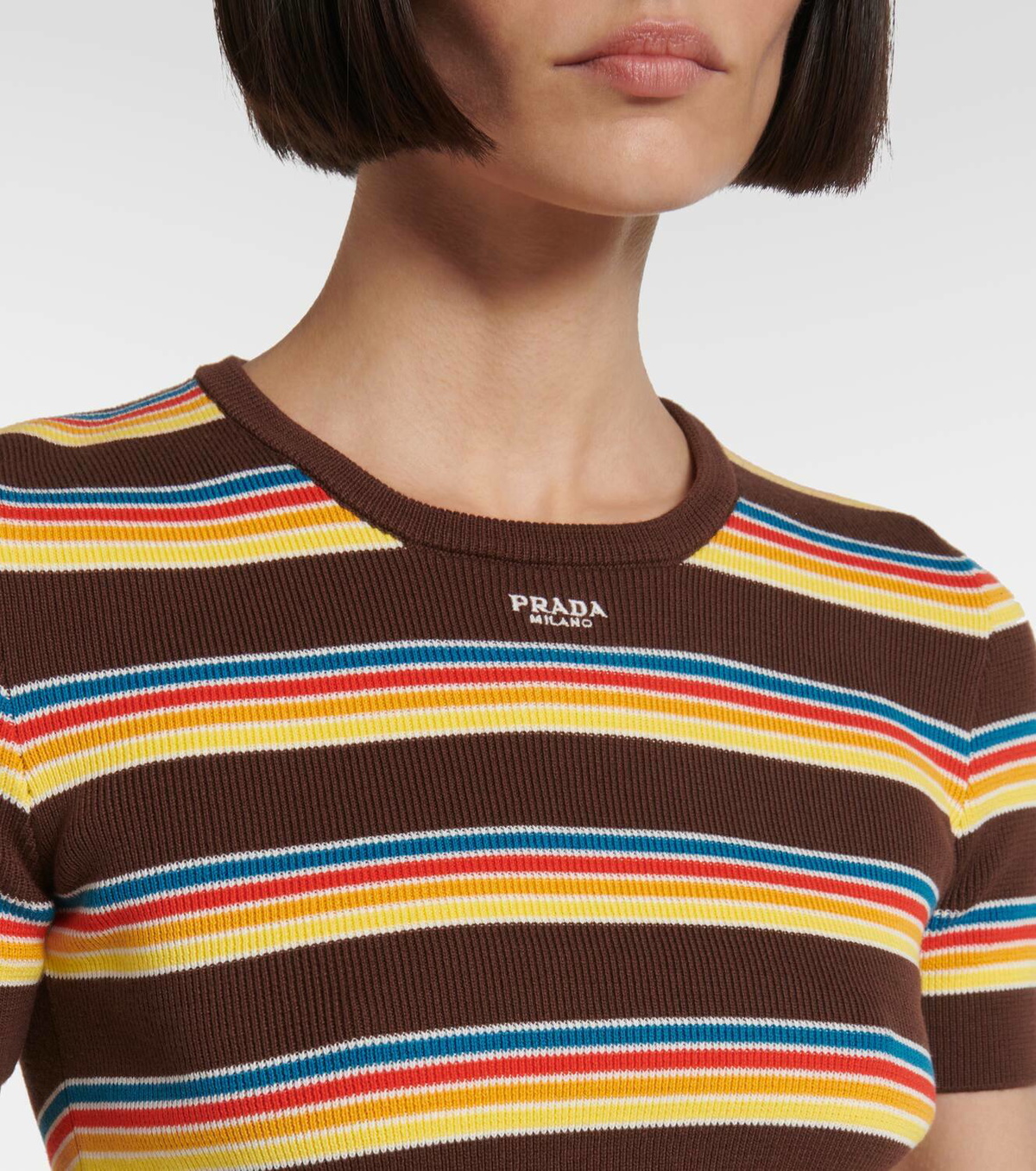 【最終値下げ】S ブラウン Cotton Striped Ribbed Prada Striped ribbed-knit cotton T-shirt Prada