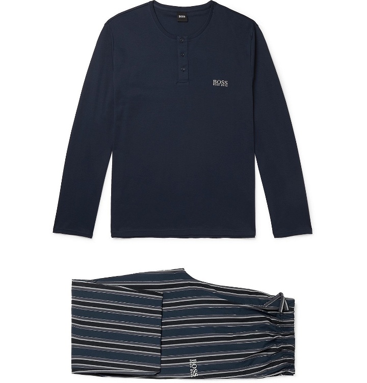 Photo: HUGO BOSS - Logo-Embroidered Striped Cotton Pyjama Set - Blue