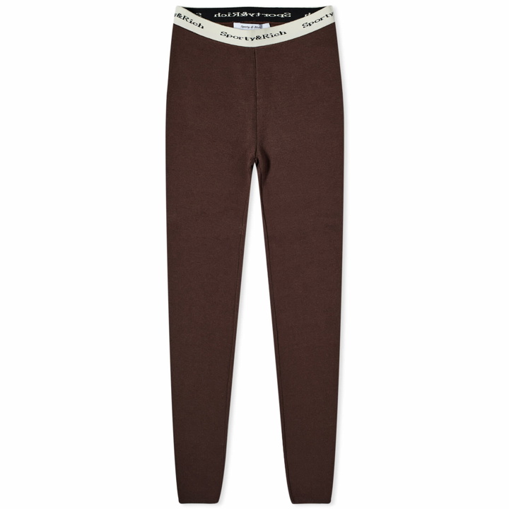 Photo: Sporty & Rich Women's Serif Logo Ribbed Leggings in Chocolate