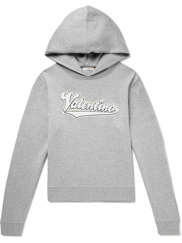 Photo: Valentino - Logo-Appliquéd Bouclé-Trimmed Cotton-Blend Jersey Hoodie - Gray