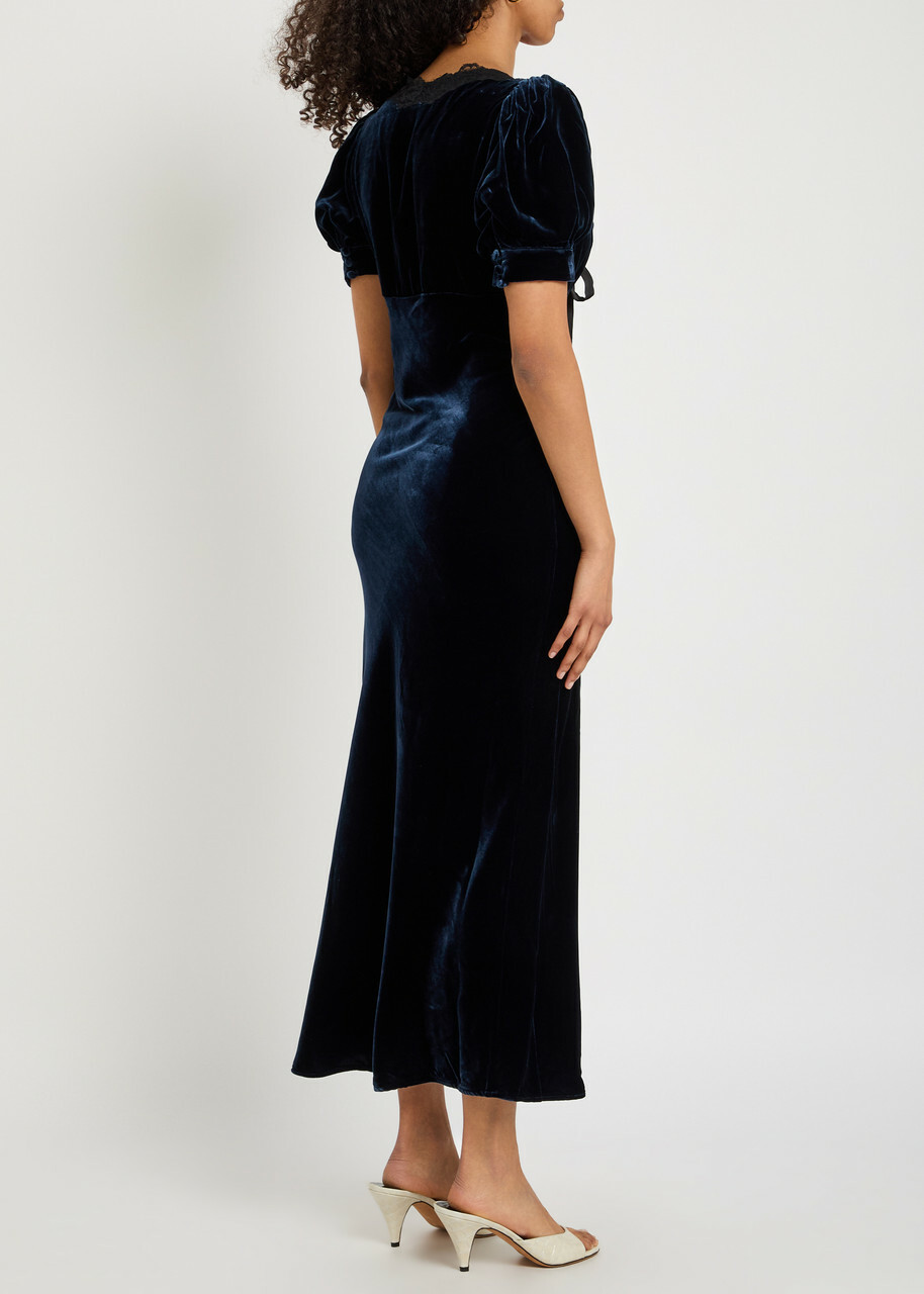 Reformation Camille Lace-trim Velvet Midi Dress Dark Blue
