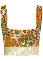 Alemais Lana Floral-print Fringed Linen Crop top Multicoloured