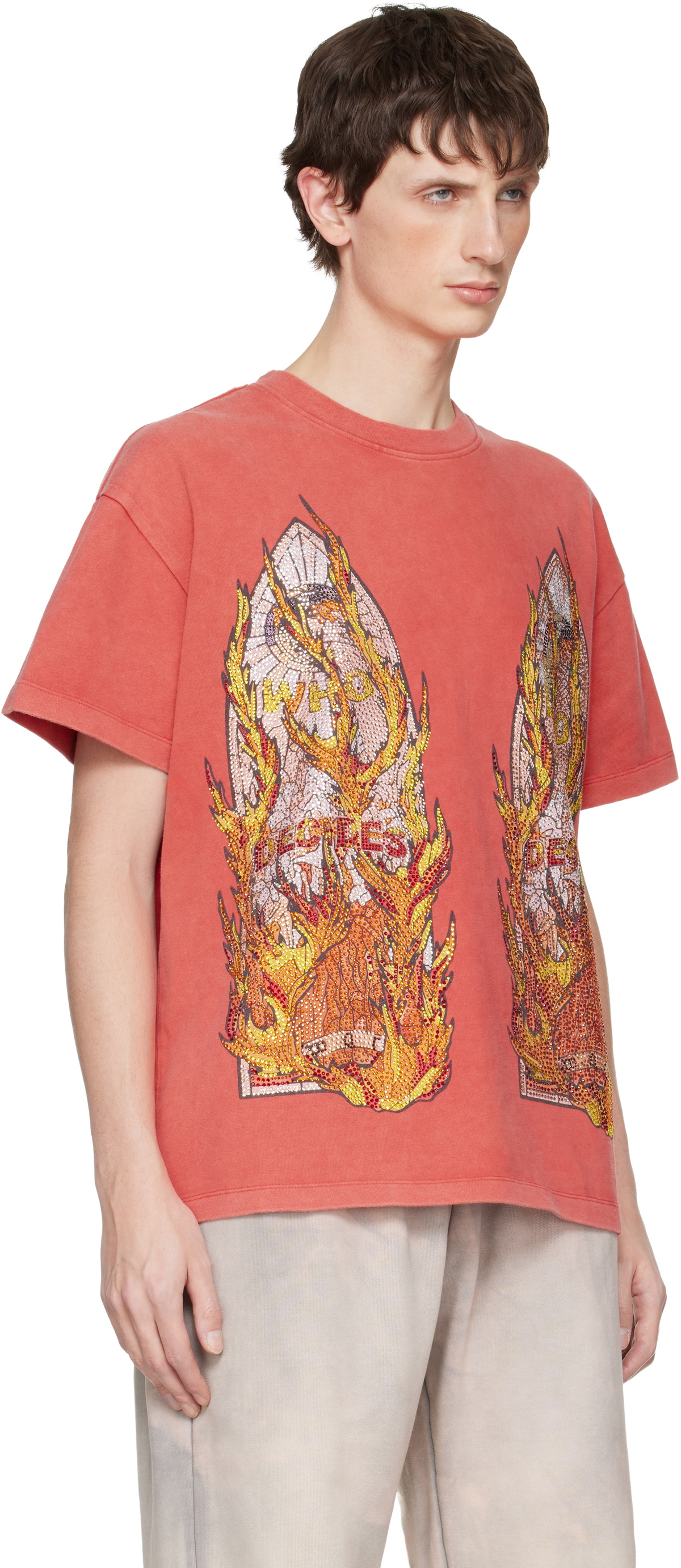 Who Decides War Red Rhinestone Flame Glass T-shirt