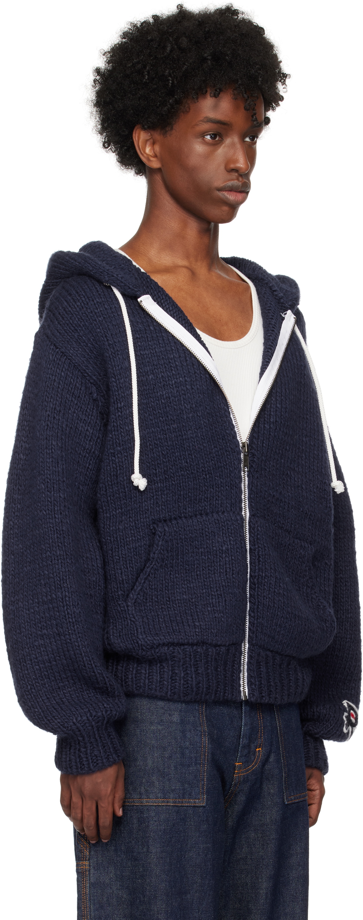 RICE NINE TEN Navy Hand Knitted Zip Hoodie
