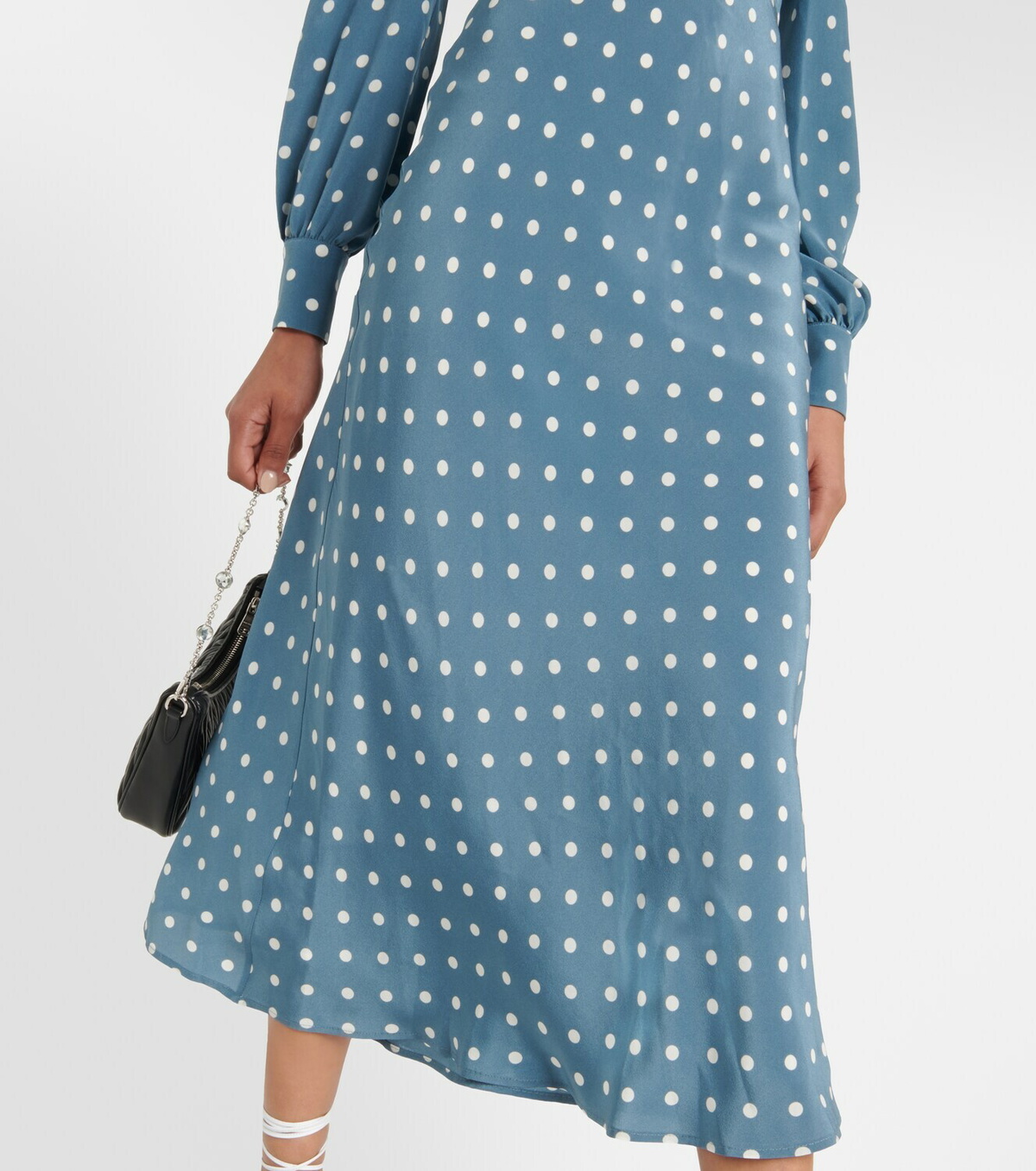 パーティードレス Midi Polka Dot Print Silk Dress Polka Dot Print Midi Dress With Belt Fastening In Navy | D