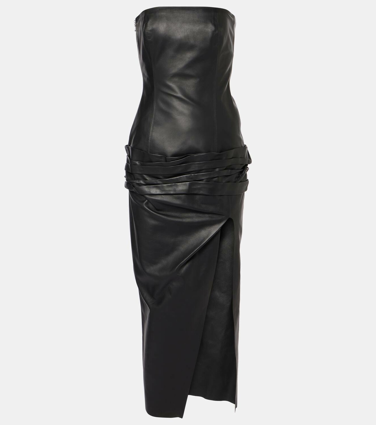 The Attico Draped strapless leather midi dress The Attico