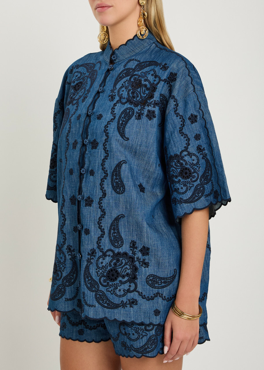 Zimmermann Aster Embroidered Denim Shirt Blue