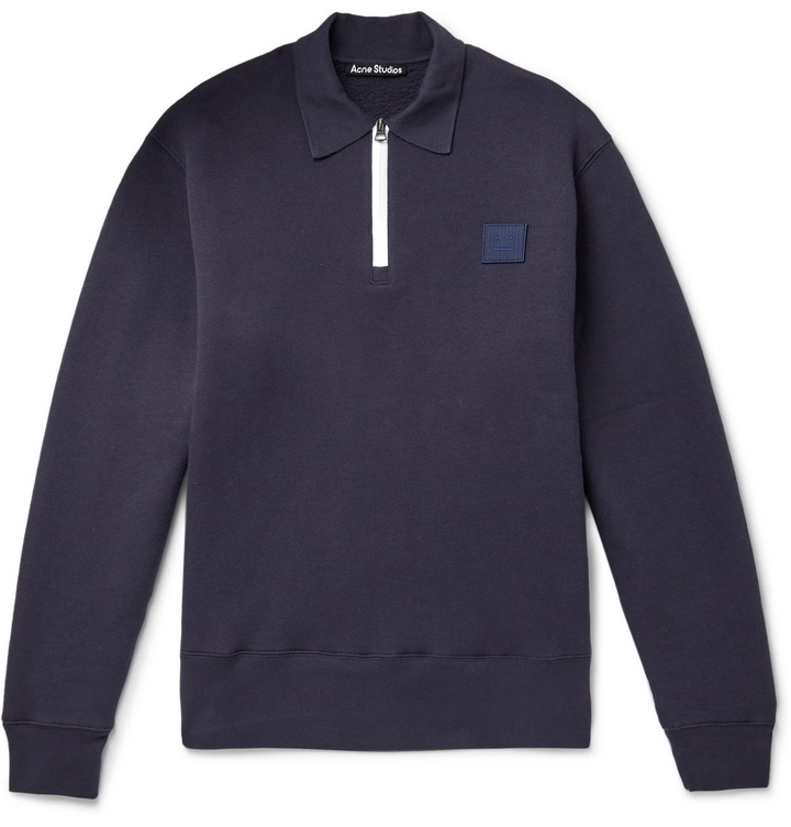 Photo: Acne Studios - Logo-Appliquéd Fleece-Back Cotton-Jersey Half-Zip Sweatshirt - Blue