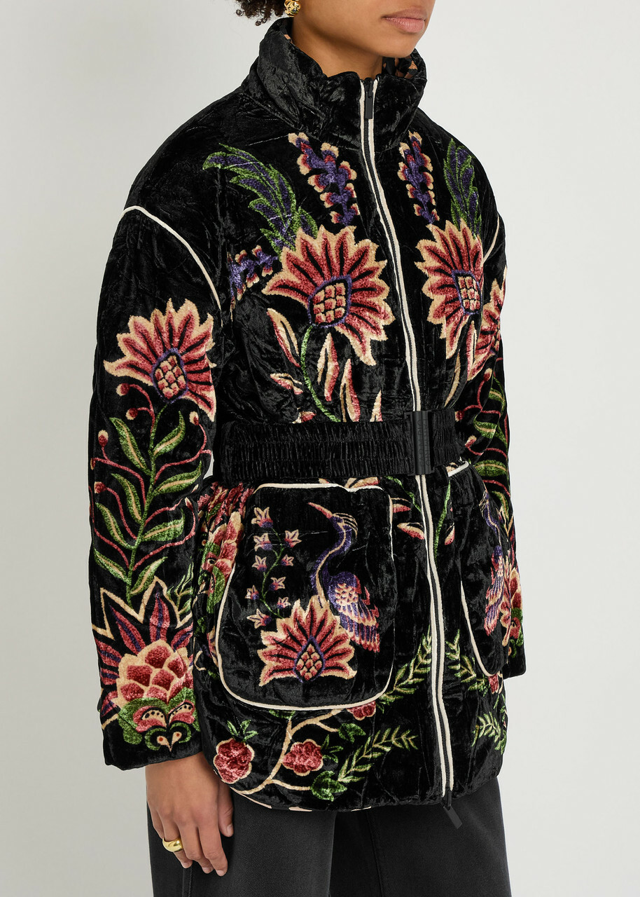 Farm Rio Marvelous Garden Floral-print Velvet Jacket Black