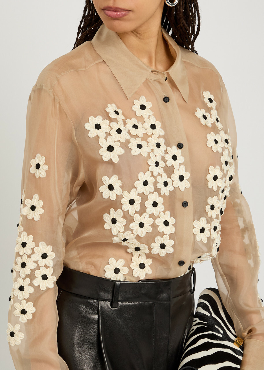 Khaite Argo Floral-appliquéd Silk-chiffon Shirt Beige
