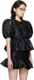 GANNI Black Satin Peplum Tie Blouse