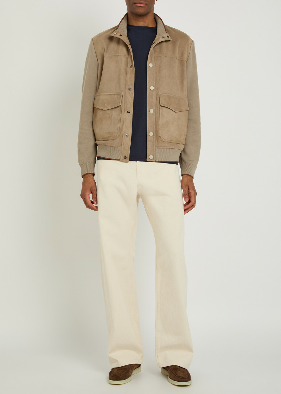 Canali Panelled Suede and Ribbed-knit Jacket Stone