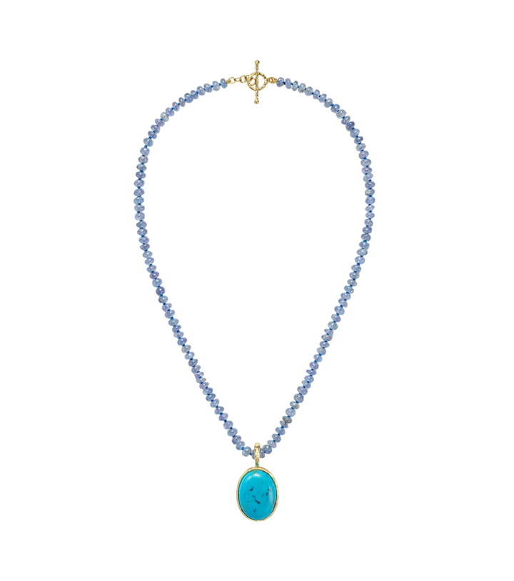 Photo: Octavia Elizabeth Hidden Gem 18kt gold beaded necklace with tanzanites and turquoise