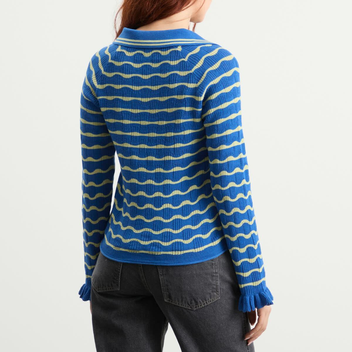 Damson Madder Women's Silvia Cotton Merino Blend Polo Jumper in Blue