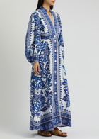 Farm Rio Flora Tapestry Printed Linen-blend Maxi Dress Blue