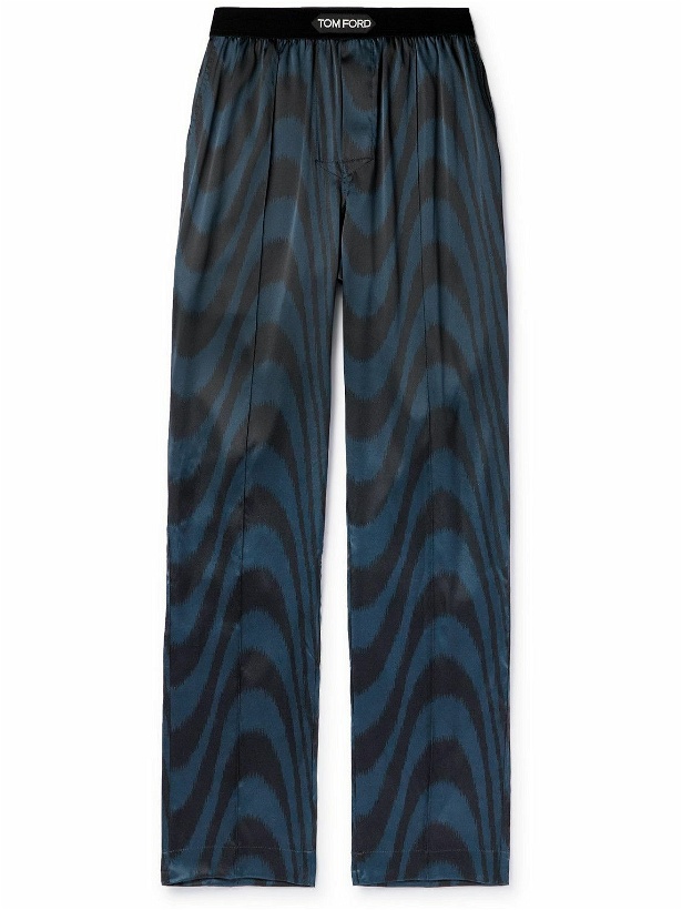 Photo: TOM FORD - Velvet-Trimmed Printed Stretch-Silk Satin Pyjama Trousers - Blue