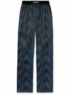 TOM FORD - Velvet-Trimmed Printed Stretch-Silk Satin Pyjama Trousers - Blue