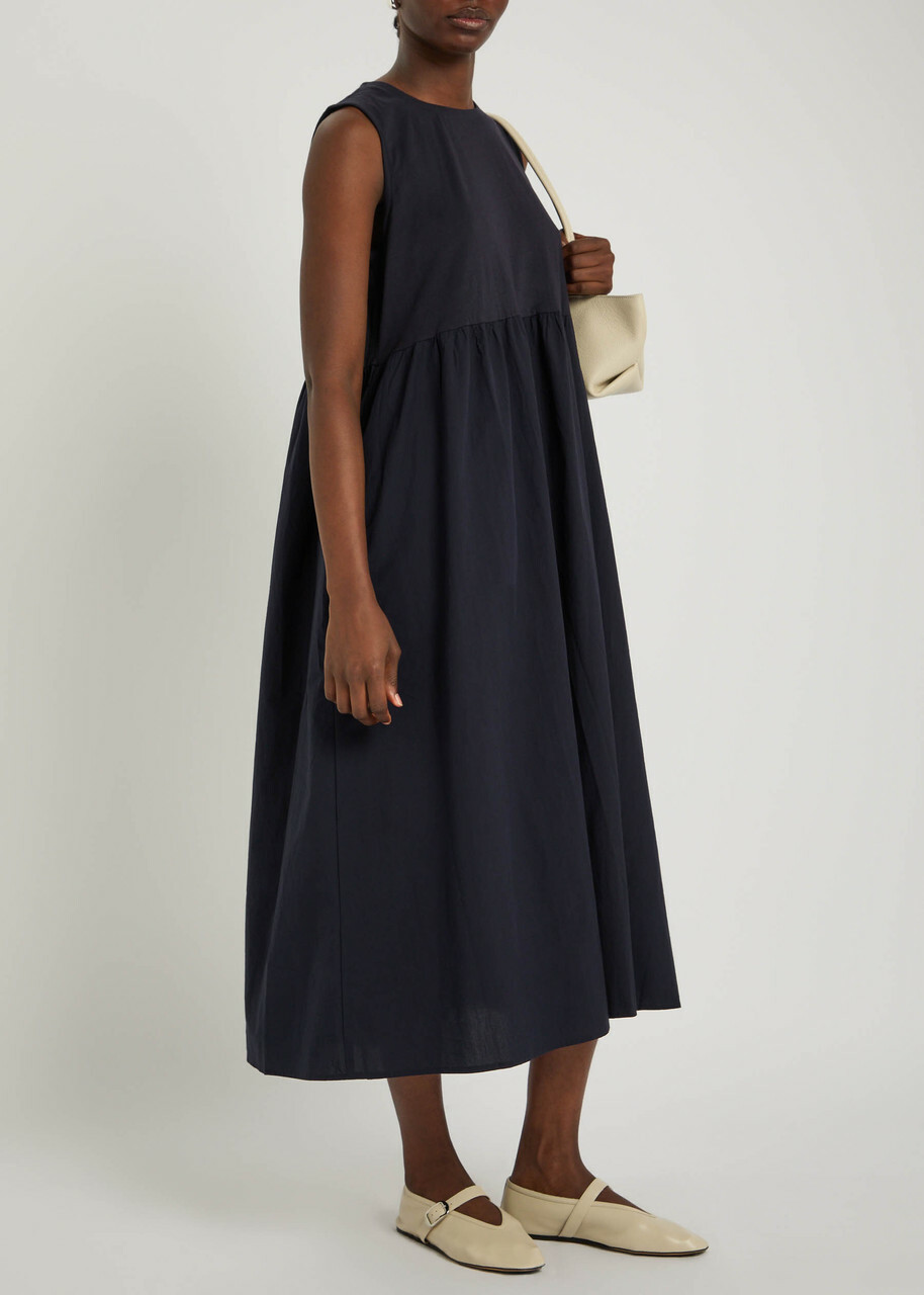 Eileen Fisher Pleated Cotton Midi Dress Dark Blue