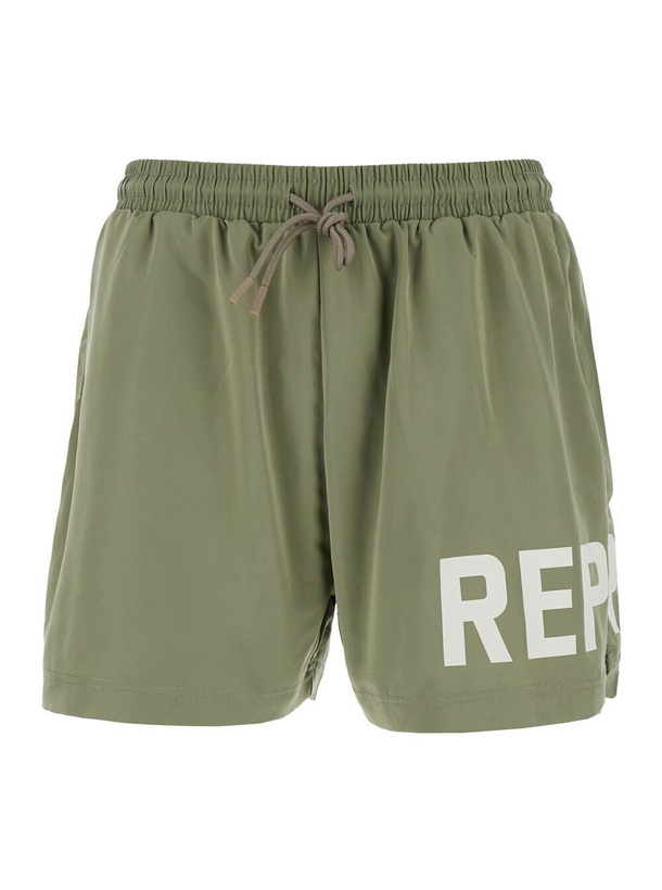 Photo: REPRESENT Green Swim Shorts With Elastic Drawstring Waist And Logo Lettering Print In Tech Fabric Man