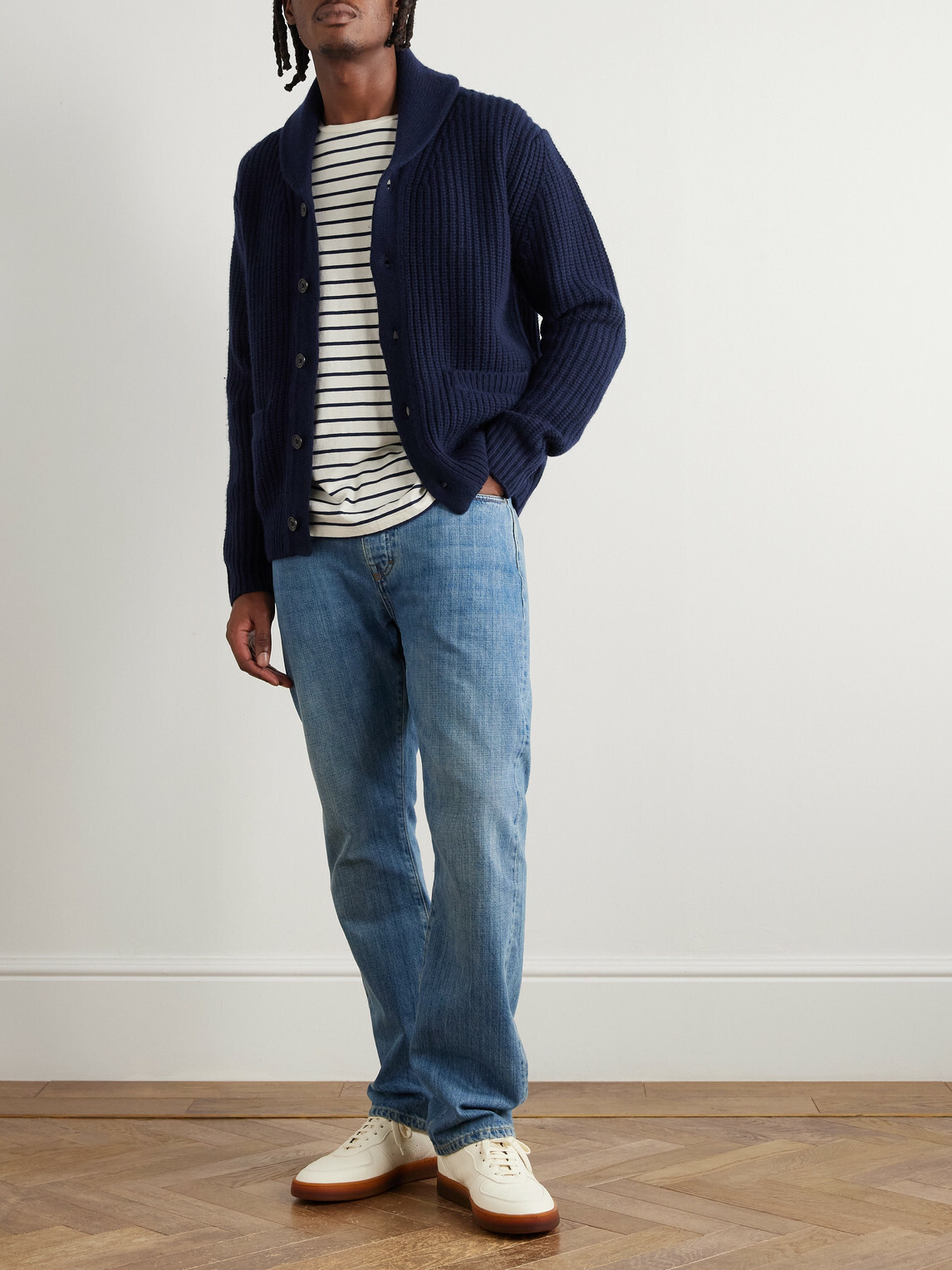 Hartford - Shawl-Collar Ribbed Wool Cardigan - Blue