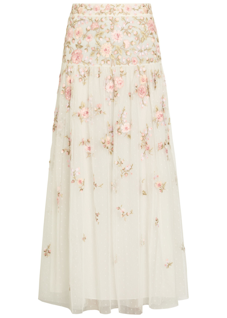 Needle & Thread Eden Rose Floral-embroidered Tulle Midi Skirt White