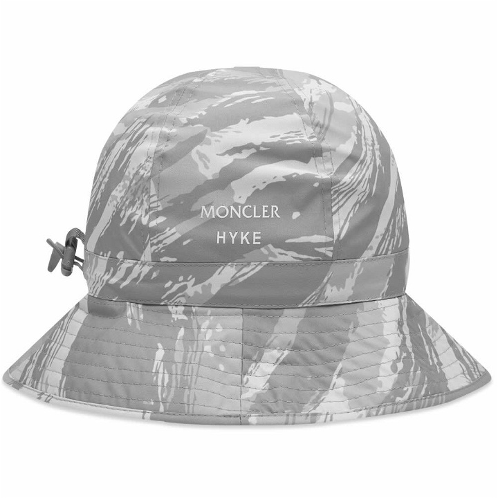 Photo: Moncler Men's Genius x HYKE Camo Print Bucket Hat in Grey