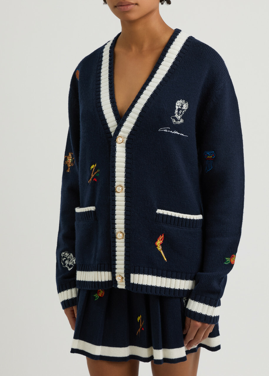 Casablanca Embroidered Wool and Cashmere-blend Cardigan Navy