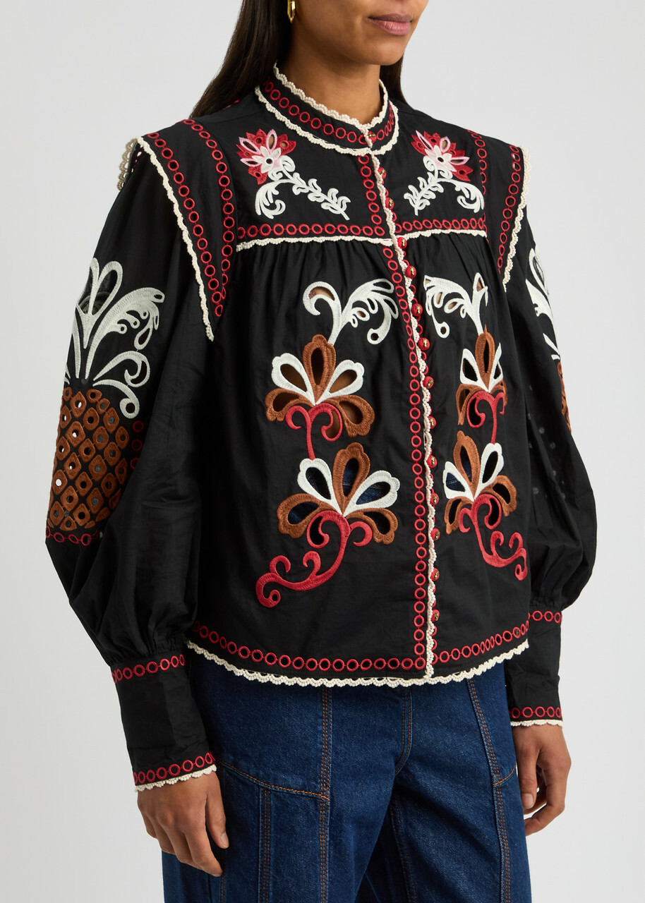 Farm Rio Broderie-anglaise Cotton Blouse Black