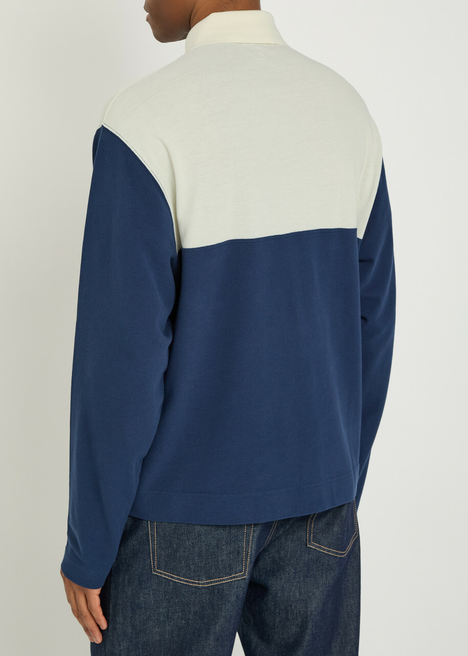 Ami Paris Logo-embroidered Panelled Piqué Cotton Polo Shirt Cream