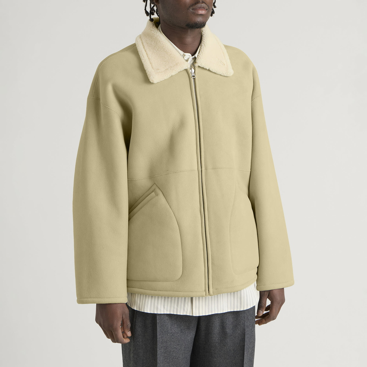 Auralee Men's Shearling Zip Blouson in Ivory Lime