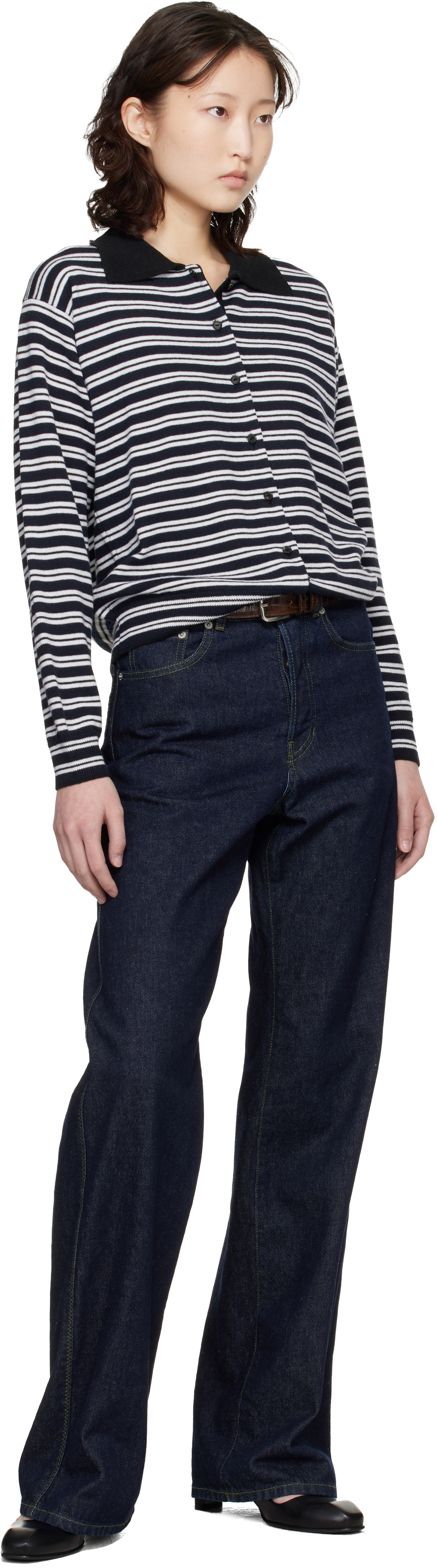 Cordera Black & White Merino Wool Striped Polo Cardigan