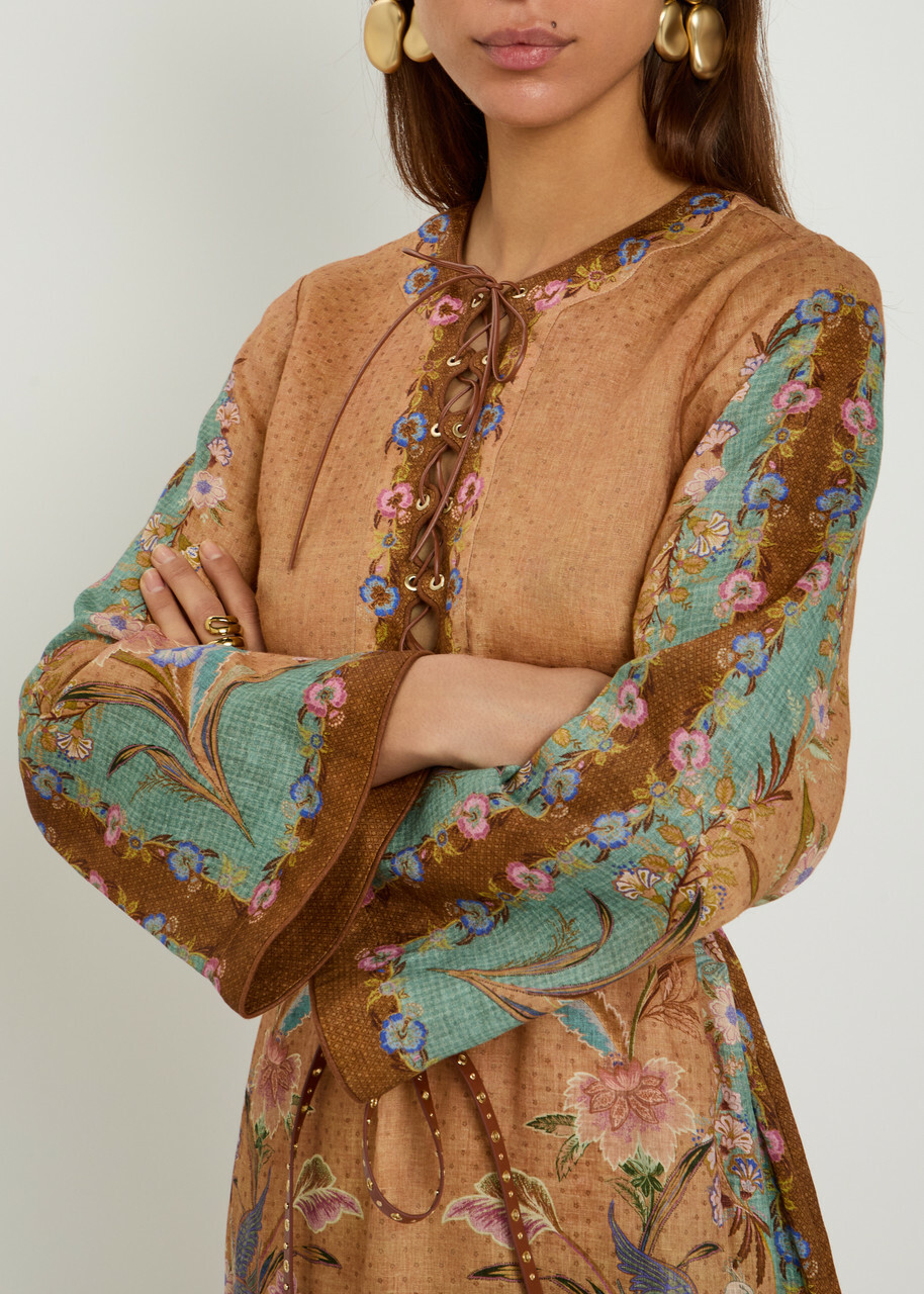 Zimmermann Indra Belted Printed Linen Midi Tunic Dress Tan